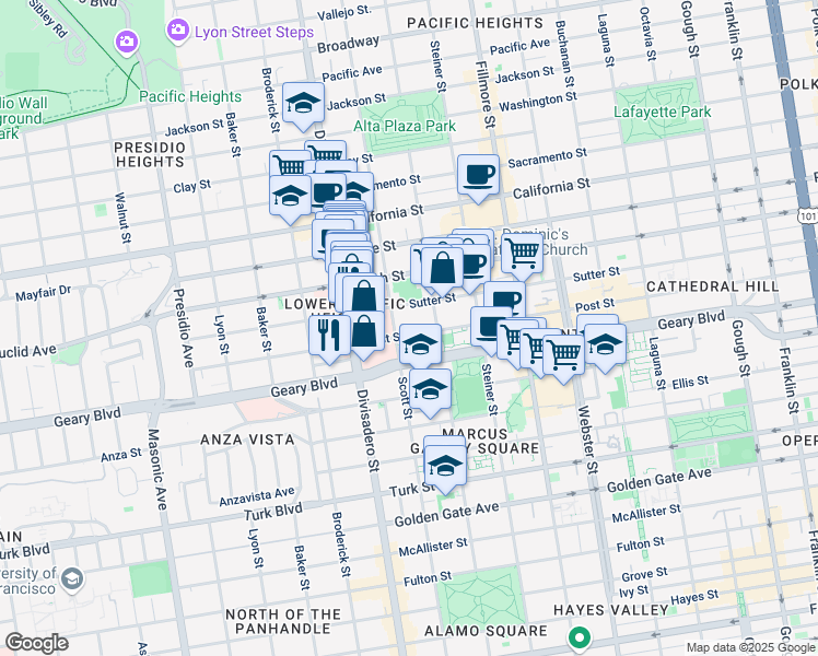 map of restaurants, bars, coffee shops, grocery stores, and more near 2150 Post Street in San Francisco