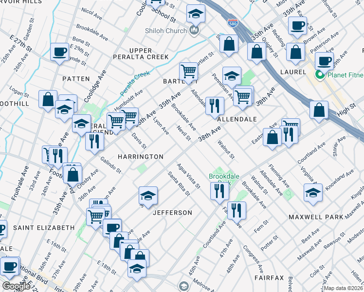 map of restaurants, bars, coffee shops, grocery stores, and more near 3720 Lyon Avenue in Oakland