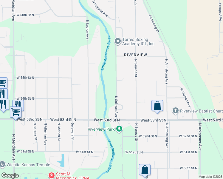 map of restaurants, bars, coffee shops, grocery stores, and more near 5569 North Sullivan Street in Wichita