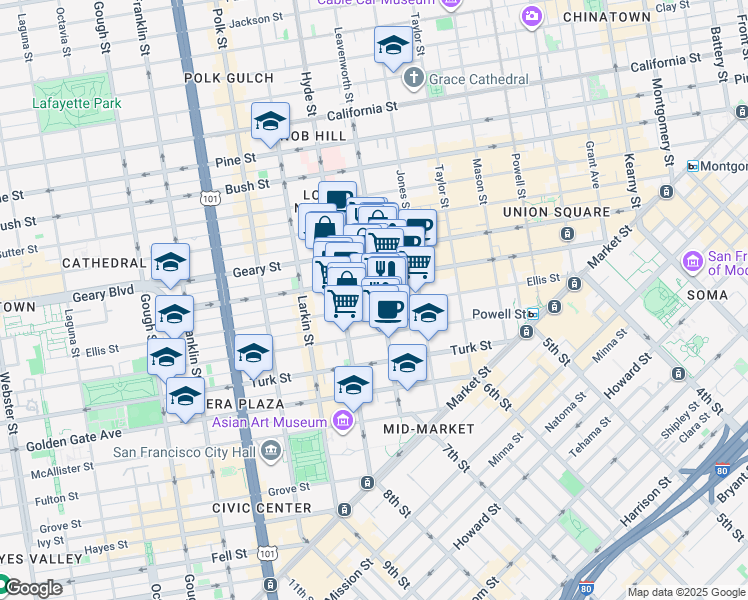 map of restaurants, bars, coffee shops, grocery stores, and more near in San Francisco
