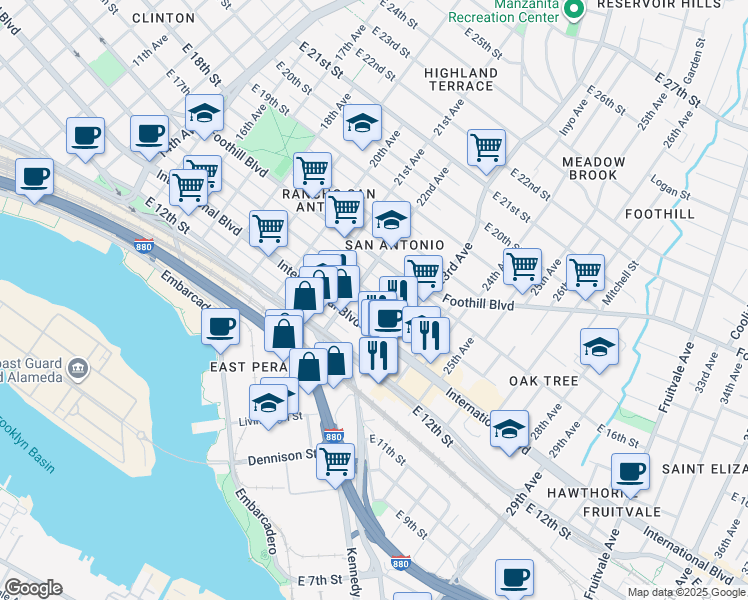 map of restaurants, bars, coffee shops, grocery stores, and more near 2233 East 15th Street in Oakland