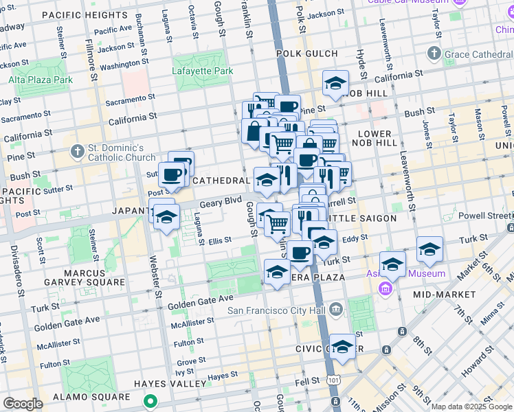 map of restaurants, bars, coffee shops, grocery stores, and more near 1200 Gough Street in San Francisco