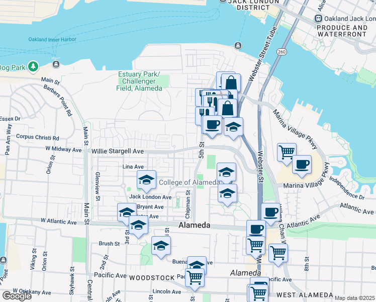 map of restaurants, bars, coffee shops, grocery stores, and more near 2470 Haile Street in Alameda