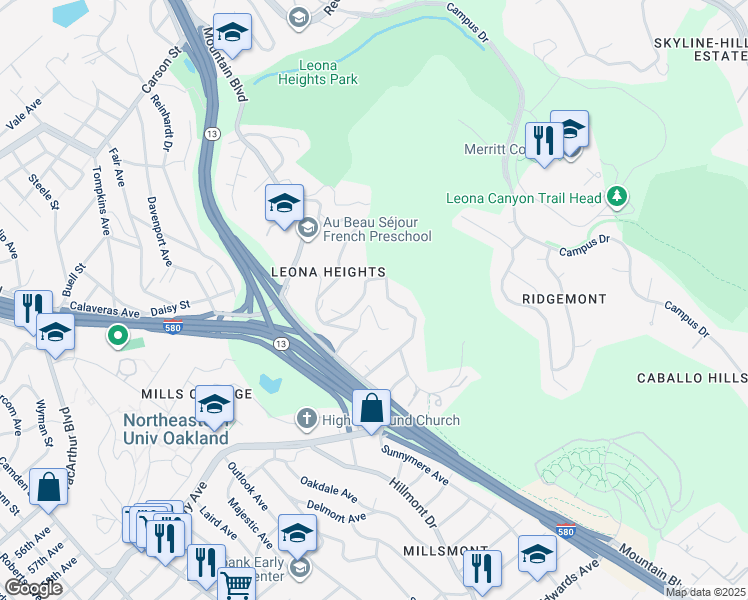 map of restaurants, bars, coffee shops, grocery stores, and more near 5860 Leona Street in Oakland