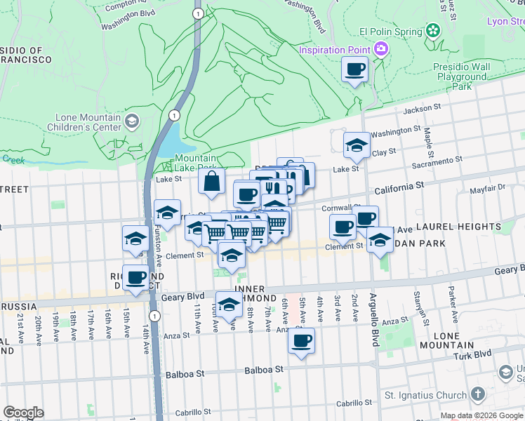 map of restaurants, bars, coffee shops, grocery stores, and more near California Street & 7th Avenue in San Francisco