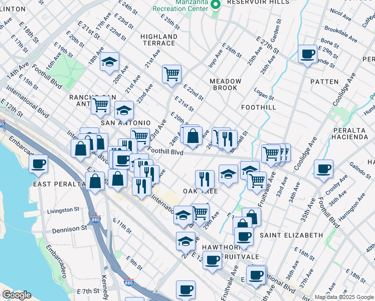 map of restaurants, bars, coffee shops, grocery stores, and more near 2506 Foothill Boulevard in Oakland
