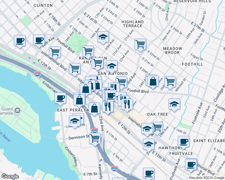 map of restaurants, bars, coffee shops, grocery stores, and more near 2268 East 15th Street in Oakland