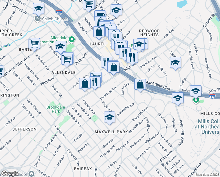 map of restaurants, bars, coffee shops, grocery stores, and more near 3223 Courtland Avenue in Oakland