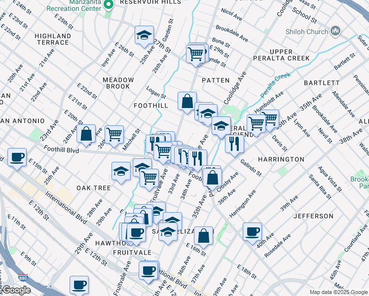 map of restaurants, bars, coffee shops, grocery stores, and more near 3243 East 23rd Street in Oakland