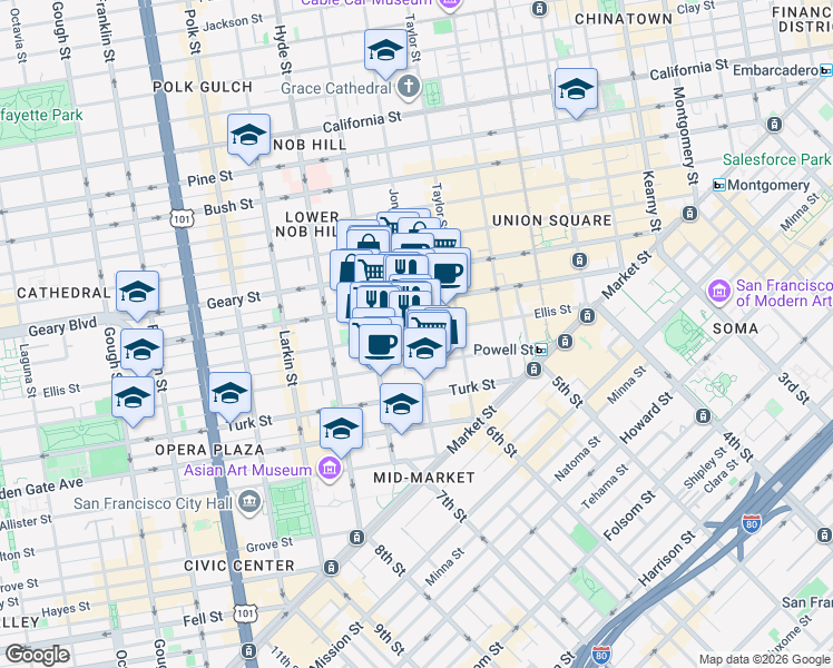 map of restaurants, bars, coffee shops, grocery stores, and more near Jones St & Ellis St in San Francisco