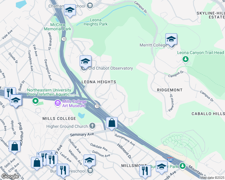 map of restaurants, bars, coffee shops, grocery stores, and more near 5860 Leona Street in Oakland
