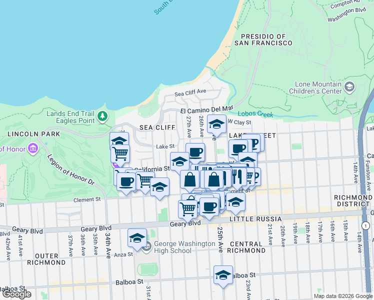 map of restaurants, bars, coffee shops, grocery stores, and more near 234 27th Avenue in San Francisco