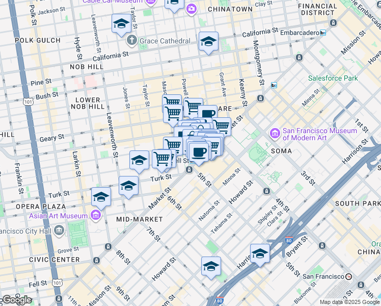 map of restaurants, bars, coffee shops, grocery stores, and more near 33 Powell Street in San Francisco