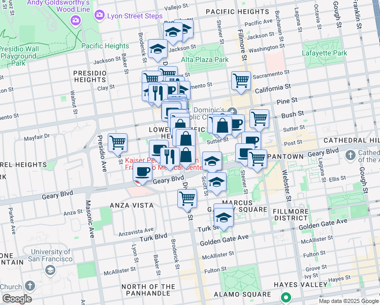 map of restaurants, bars, coffee shops, grocery stores, and more near 1600 Divisadero Street in San Francisco