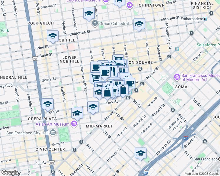 map of restaurants, bars, coffee shops, grocery stores, and more near 250 Taylor Street in San Francisco