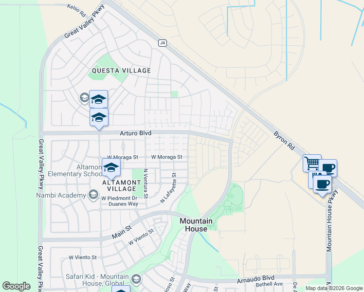 map of restaurants, bars, coffee shops, grocery stores, and more near 446 Lafayette Court in Mountain House