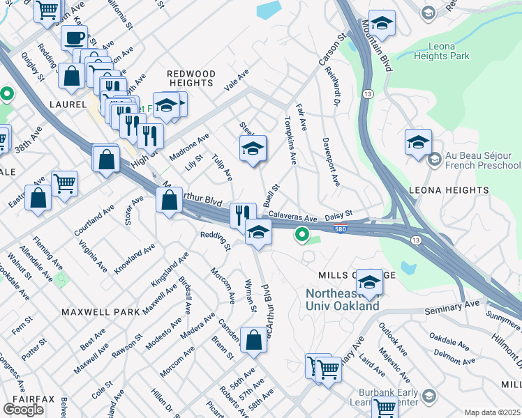 map of restaurants, bars, coffee shops, grocery stores, and more near 3732 Buell Street in Oakland