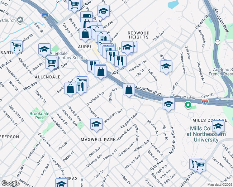 map of restaurants, bars, coffee shops, grocery stores, and more near 4451 Redding Street in Oakland