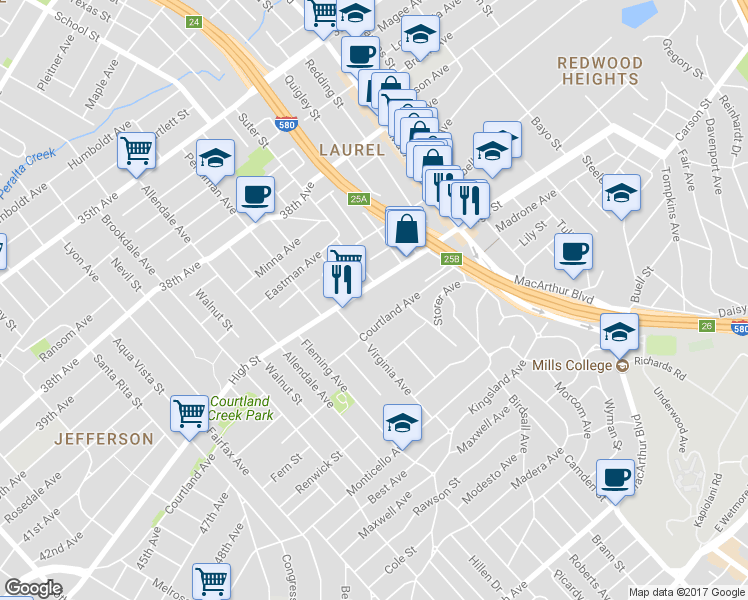 map of restaurants, bars, coffee shops, grocery stores, and more near 3136 High Street in Oakland