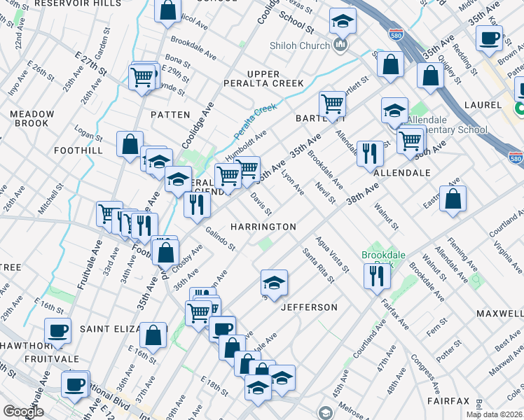 map of restaurants, bars, coffee shops, grocery stores, and more near 3574 Davis Street in Oakland