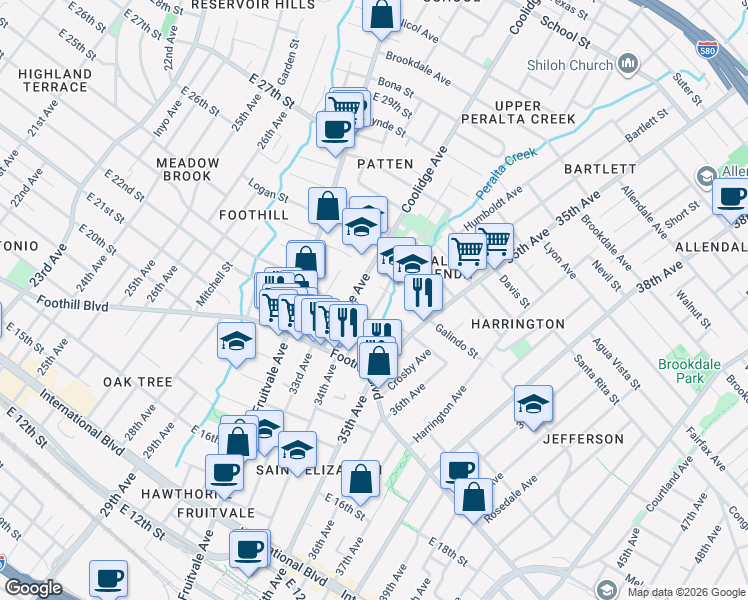 map of restaurants, bars, coffee shops, grocery stores, and more near 2230 34th Avenue in Oakland
