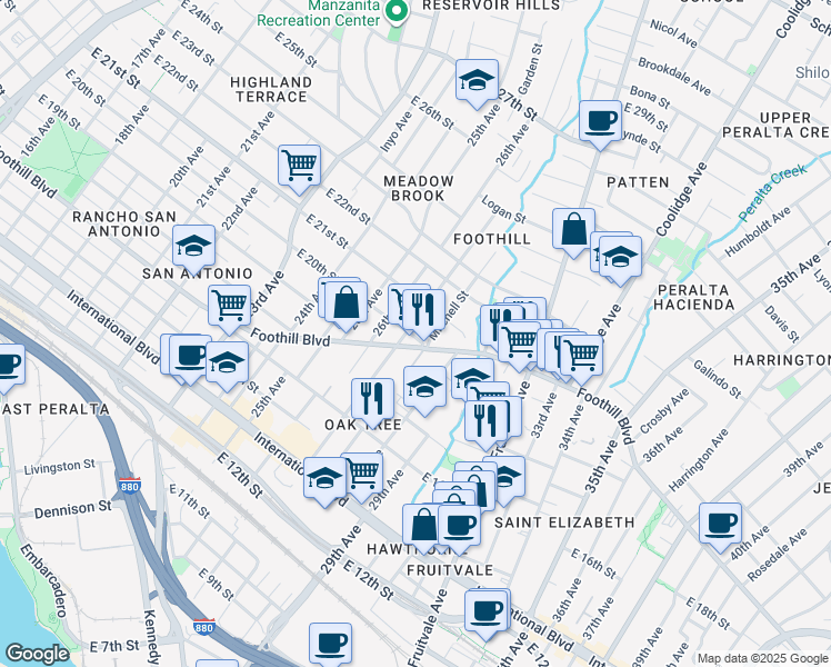 map of restaurants, bars, coffee shops, grocery stores, and more near 2003 27th Avenue in Oakland