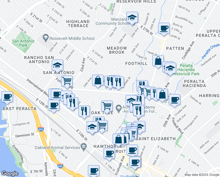 map of restaurants, bars, coffee shops, grocery stores, and more near 2003 27th Avenue in Oakland