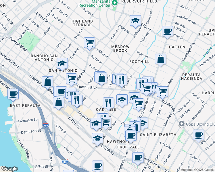 map of restaurants, bars, coffee shops, grocery stores, and more near in Oakland