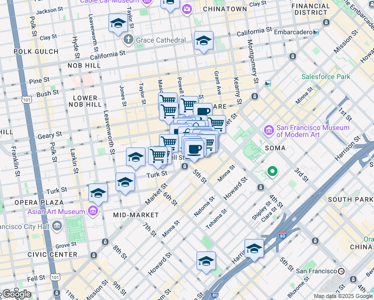 map of restaurants, bars, coffee shops, grocery stores, and more near in San Francisco