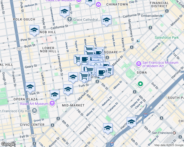 map of restaurants, bars, coffee shops, grocery stores, and more near in San Francisco