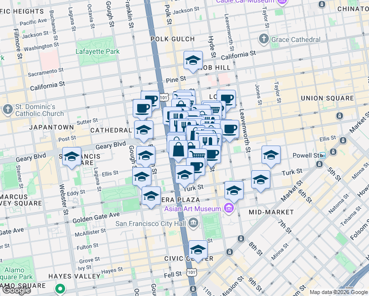 map of restaurants, bars, coffee shops, grocery stores, and more near 888 O'Farrell Street in San Francisco