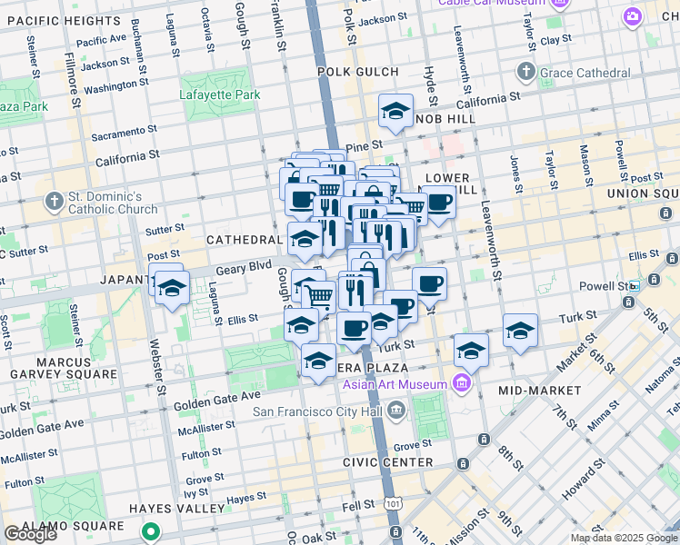 map of restaurants, bars, coffee shops, grocery stores, and more near 236 Myrtle Street in San Francisco