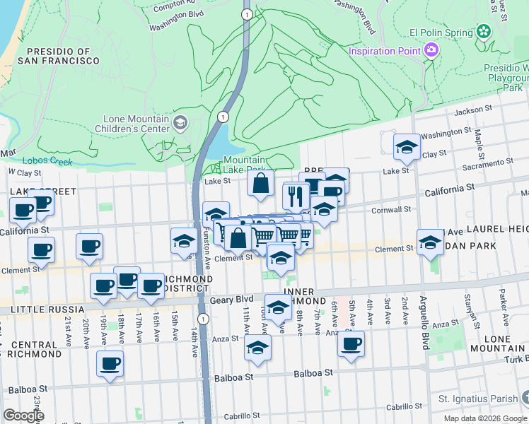 map of restaurants, bars, coffee shops, grocery stores, and more near 183 10th Avenue in San Francisco