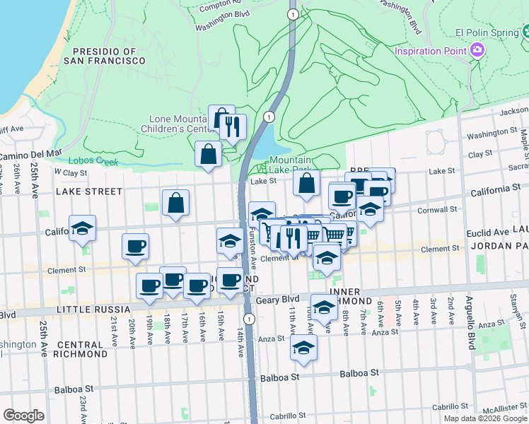 map of restaurants, bars, coffee shops, grocery stores, and more near 176 Funston Avenue in San Francisco