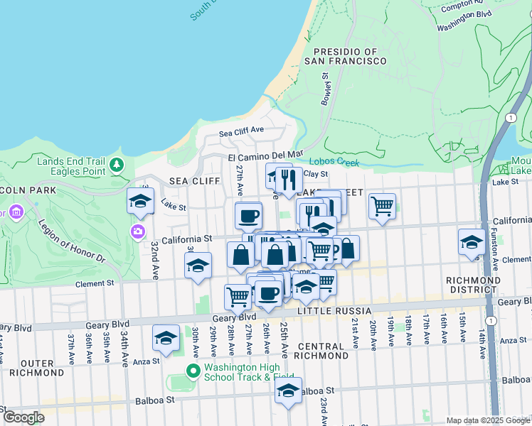 map of restaurants, bars, coffee shops, grocery stores, and more near 235 25th Avenue in San Francisco