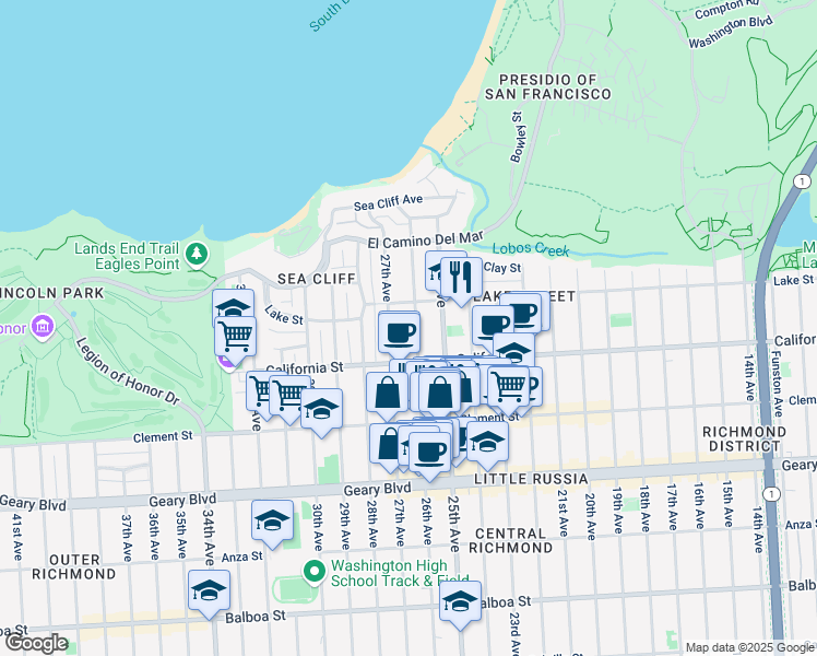 map of restaurants, bars, coffee shops, grocery stores, and more near 234 27th Avenue in San Francisco