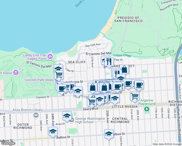map of restaurants, bars, coffee shops, grocery stores, and more near 234 27th Avenue in San Francisco