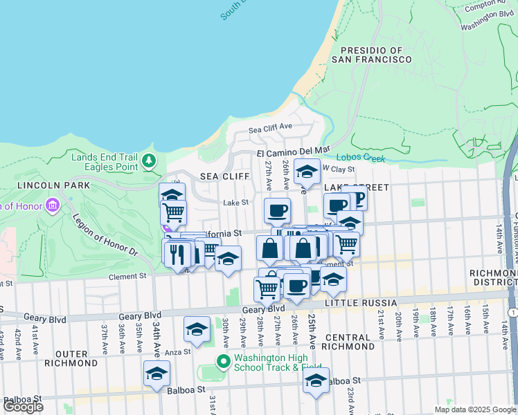 map of restaurants, bars, coffee shops, grocery stores, and more near 2701 Lake Street in San Francisco