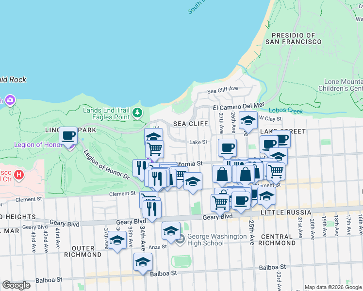 map of restaurants, bars, coffee shops, grocery stores, and more near 2945 Lake Street in San Francisco