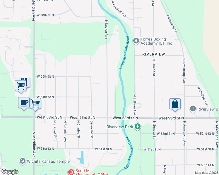 map of restaurants, bars, coffee shops, grocery stores, and more near 5602 N Legion St in Wichita