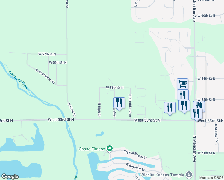 map of restaurants, bars, coffee shops, grocery stores, and more near W 55th Street North in Wichita