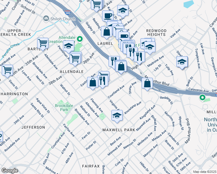 map of restaurants, bars, coffee shops, grocery stores, and more near 3136 High Street in Oakland