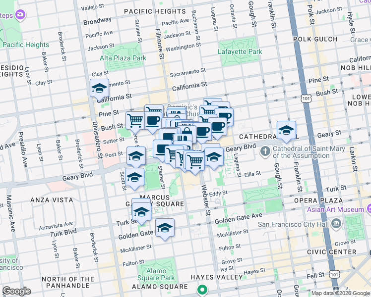 map of restaurants, bars, coffee shops, grocery stores, and more near 1670 Fillmore Street in San Francisco