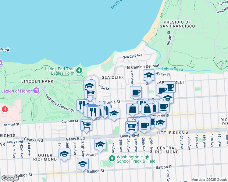 map of restaurants, bars, coffee shops, grocery stores, and more near 2825 Lake St in San Francisco