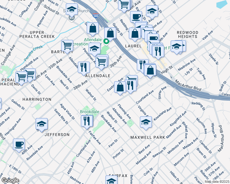 map of restaurants, bars, coffee shops, grocery stores, and more near 4129B Penniman Court in Oakland