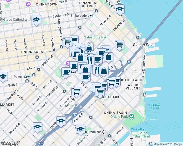 map of restaurants, bars, coffee shops, grocery stores, and more near 631 Folsom Street in San Francisco