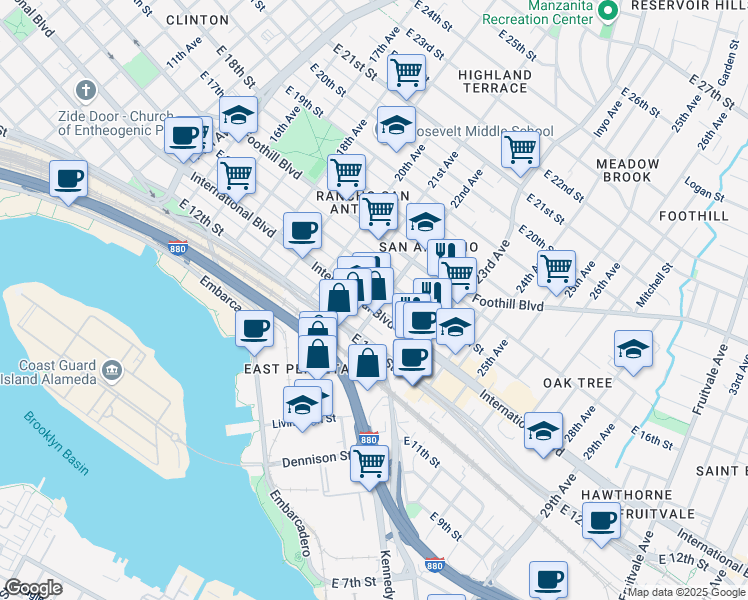 map of restaurants, bars, coffee shops, grocery stores, and more near 2138 International Boulevard in Oakland