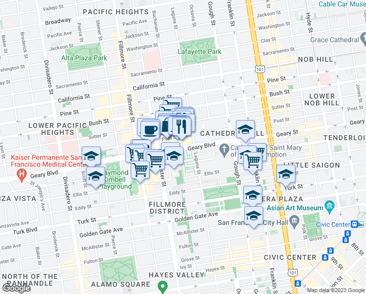 map of restaurants, bars, coffee shops, grocery stores, and more near 1572 Geary Blvd in San Francisco