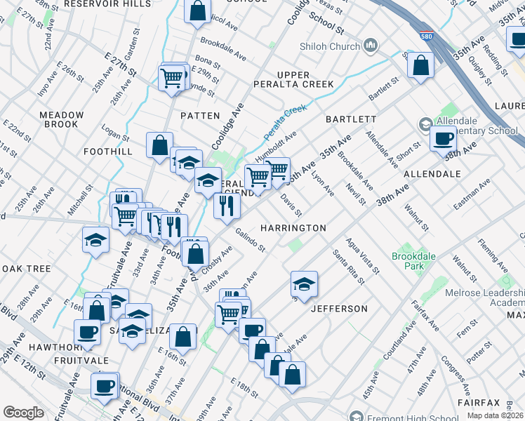 map of restaurants, bars, coffee shops, grocery stores, and more near 3516 Gray Street in Oakland