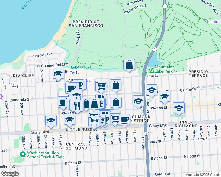 map of restaurants, bars, coffee shops, grocery stores, and more near 160 18th Avenue in San Francisco